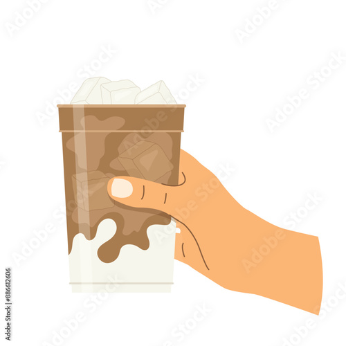 hand holding iced coffee; refreshing summer beverages, coffee lovers- vector illustration