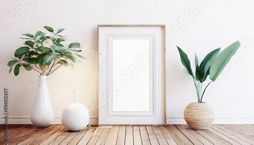 White rectangular vertical frame hanging on a white wall mockup