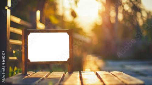 Blank billboard sign mockup for advertising of rustic restaurant or cafe in late afternoon sun