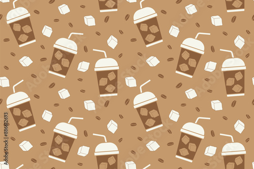 seamless pattern with iced coffee; refreshing summer beverages, coffee lovers background- vector illustration