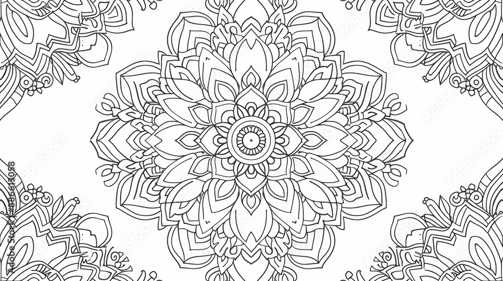 Exquisite and meticulously crafted floral mandala design with a central motif and repeated elements, perfect for coloring and decoration enthusiasts Exquisite and meticulously crafted floral mandala design with a central motif and repeated elements, perfect for coloring and decoration enthusiasts
