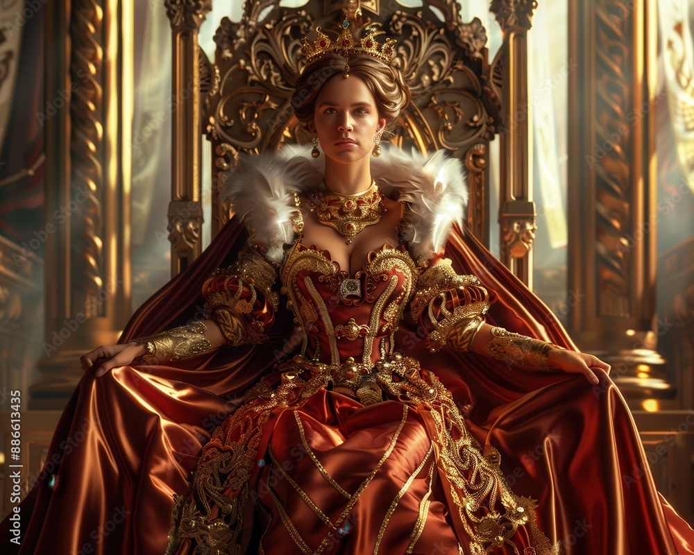 Obraz premium A regal woman in an elaborate, red and gold gown sits on a grand throne in an opulent palace setting, exuding power and authority.