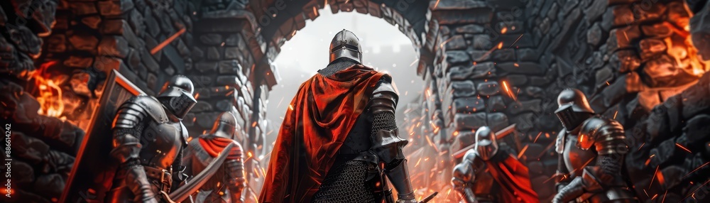 Medieval warriors in red cloaks facing off amid a dramatic castle backdrop with burning embers and stone walls. Medieval warriors in red cloaks facing off amid a dramatic castle backdrop with burning embers and stone walls.