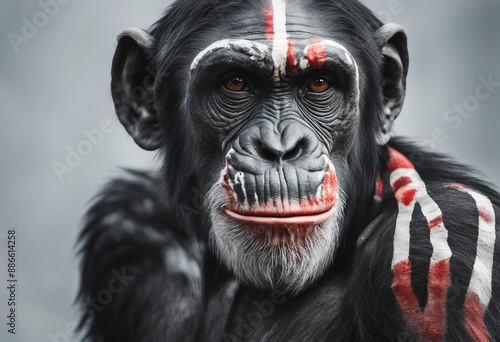 Wallpaper Mural portrait of chimpanzee with face painted with war paint, isolated white background Torontodigital.ca