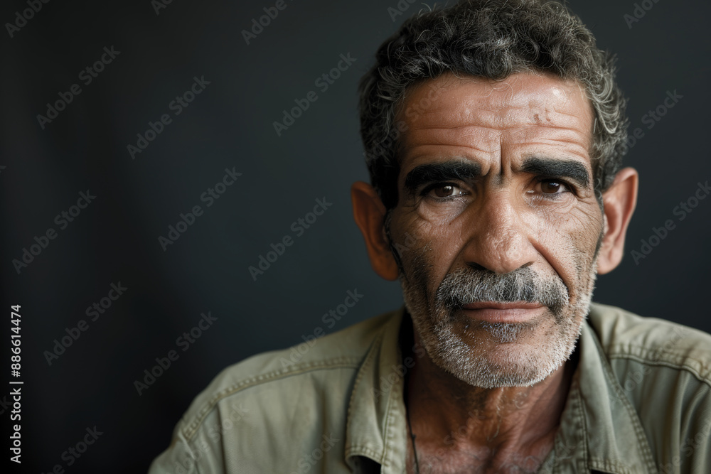 Close-up portrait of a middle aged man of Middle Eastern descent, studio photo, against a sleek gray studio backdrop Close-up portrait of a middle aged man of Middle Eastern descent, studio photo, against a sleek gray studio backdrop