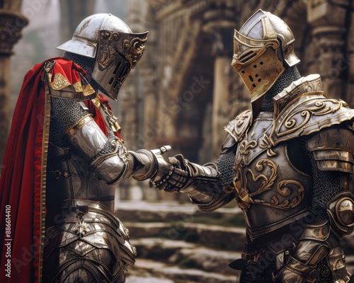 Two knights in ornate armor shaking hands in an ancient stone courtyard, symbolizing honor and camaraderie