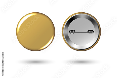 Gold badge mockup. Round badge button brooch. Realistic golden blank glossy round button badge pin with metal back cover. Vector illustration.