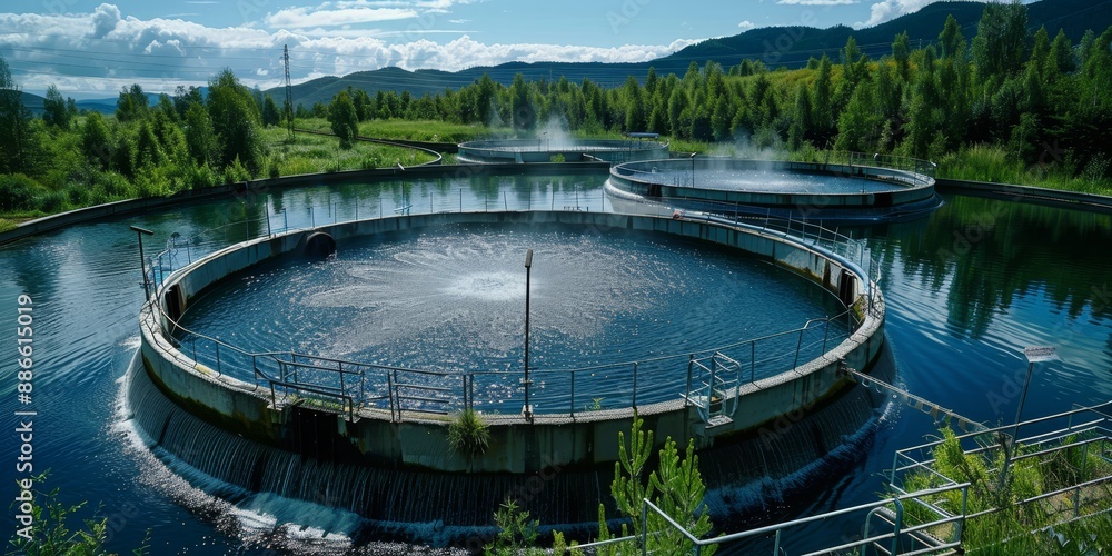Fototapeta premium Modern Environmental Engineering at Wastewater Treatment Plant with Circular Water Tanks