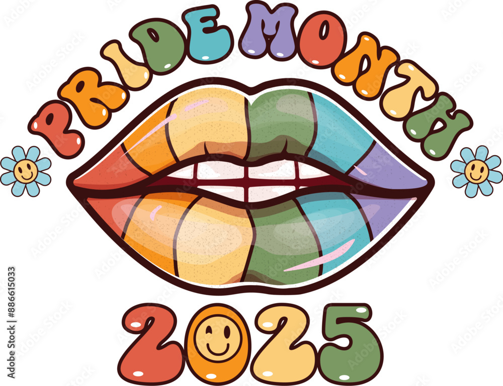 LGBT Pride month 2025 icon with lips colored in pride flag colors and