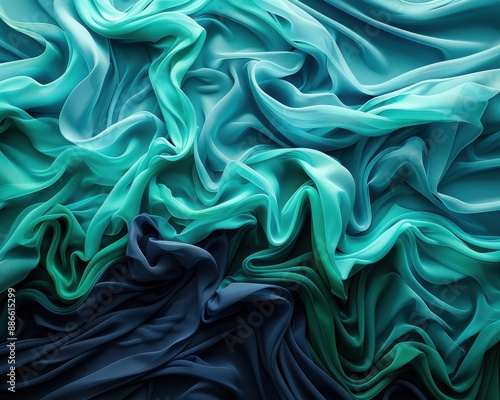 Flowing folds of teal and green fabric create a wave-like, abstract texture in this elegant and vibrant stock photo.