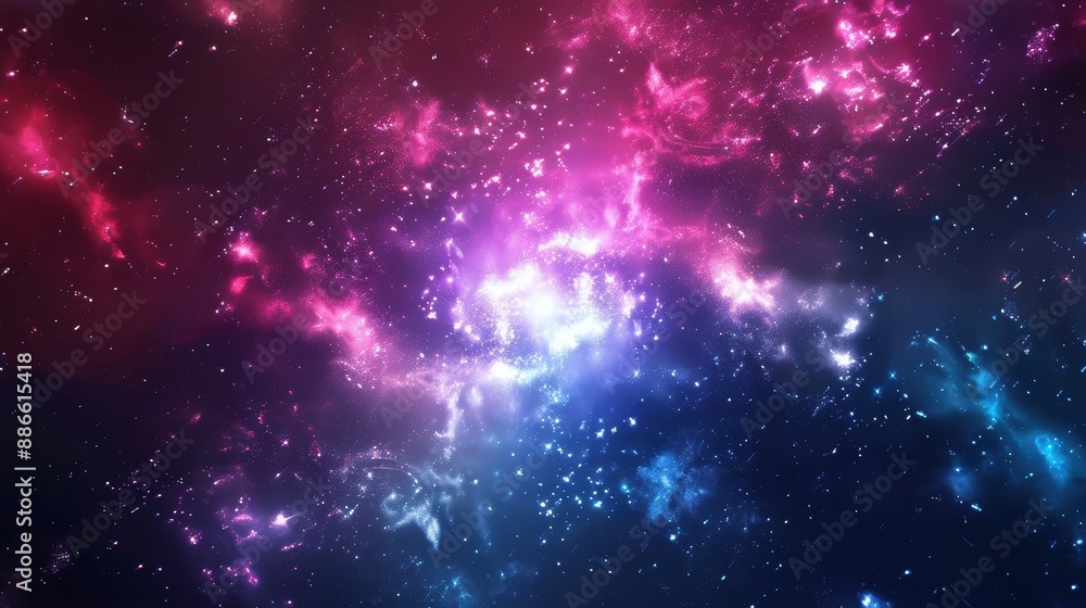 Fototapeta premium Colorful cosmic nebula with vibrant pink, purple, and blue hues, filled with stars and galaxies, creating a mesmerizing space scene.