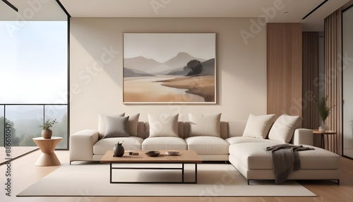 Fototapeta Naklejka Na Ścianę i Meble -  Mockup poster frame on the wall of the living room. Luxurious apartment background with contemporary design. Modern interior design. 3D render