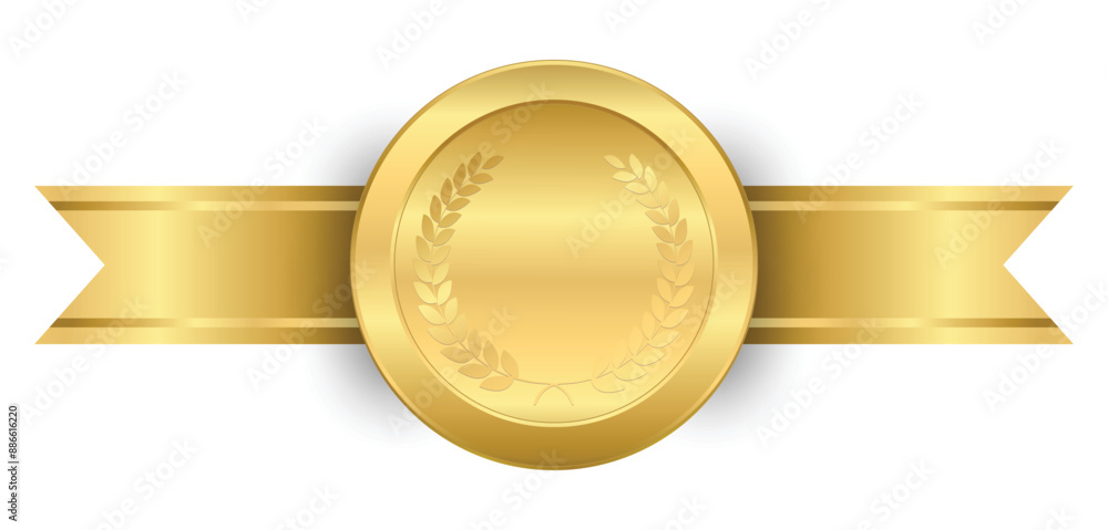 Realistic 3d gold medal on Horizontal ribbon with laurel wreath, seal trophy vector illustration, golden circle medallion with frame for official winner, honor prize badge for best quality and victory Realistic 3d gold medal on Horizontal ribbon with laurel wreath, seal trophy vector illustration, golden circle medallion with frame for official winner, honor prize badge for best quality and victory