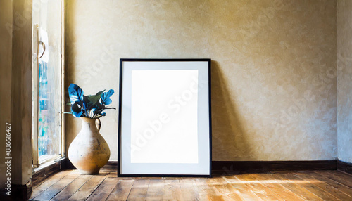 White poster on floor with blank frame mockup for you design. Layout mockup good use for your design preview.