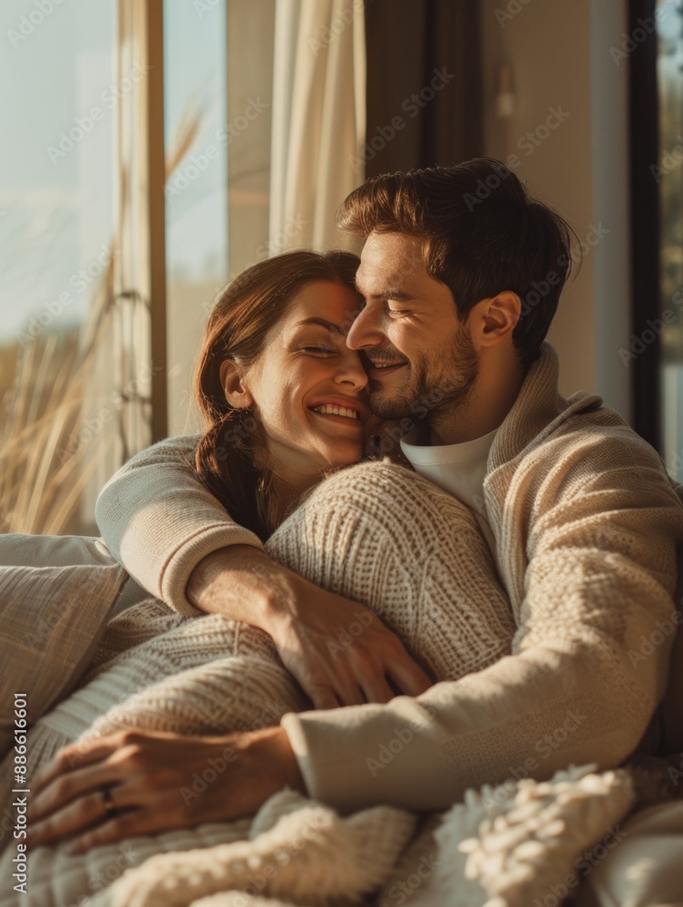 Intimate moment between two people on a bed, useful for relationship or family themes Intimate moment between two people on a bed, useful for relationship or family themes