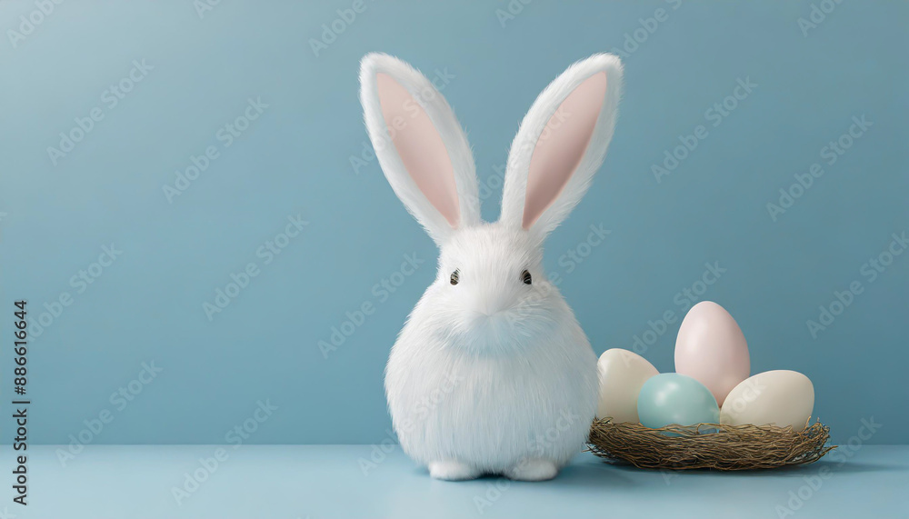 White rabbit ear on pastel blue background. Easter day. 3d rendering White rabbit ear on pastel blue background. Easter day. 3d rendering