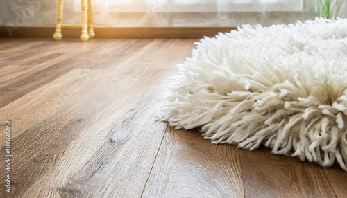 White shaggy carpet on brown wooden floor