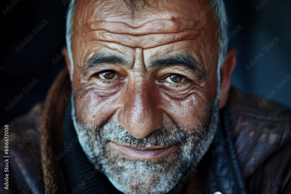 Close-up portrait of a middle aged man of Middle Eastern descent, studio photo, against a sleek gray studio backdrop Close-up portrait of a middle aged man of Middle Eastern descent, studio photo, against a sleek gray studio backdrop