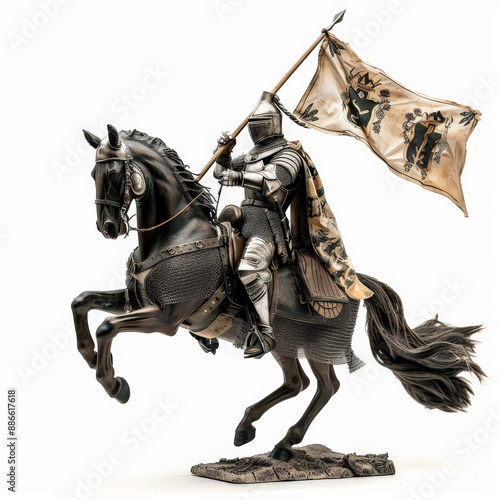 A chivalrous knight in steel armor, mounted on a rearing horse, holding a banner high, isolated on white background.