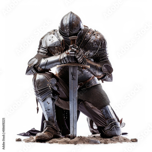 A knight in gleaming armor, kneeling with a sword planted in the ground, paying homage, isolated on white background.