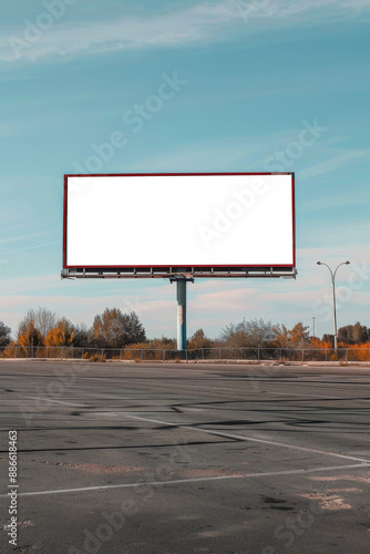 White empty mockup Billboardon nearby of big old parking on background of blue sky