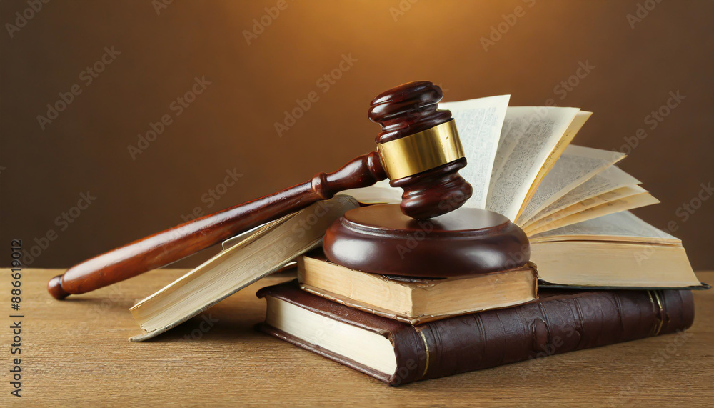 Wooden gavel and books on wooden table, law concept Wooden gavel and books on wooden table, law concept