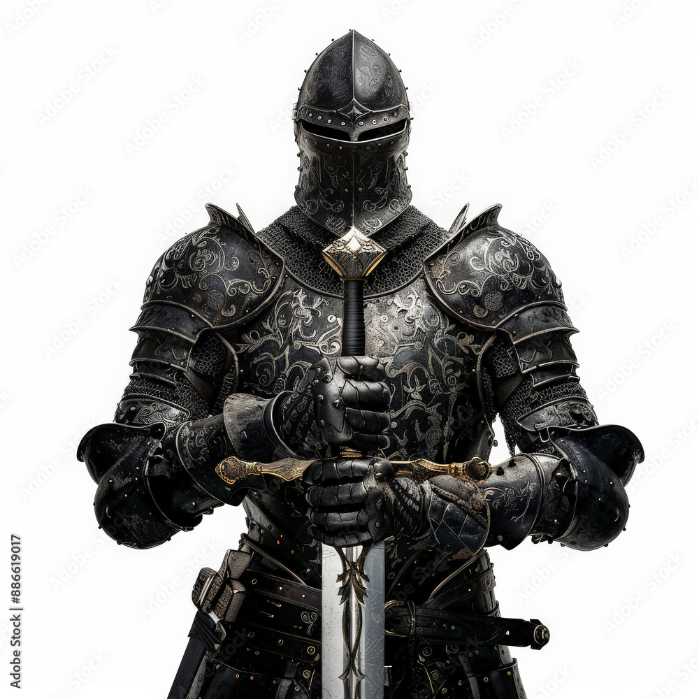 A knight in black armor, holding a broadsword with intricate designs, isolated on white background. A knight in black armor, holding a broadsword with intricate designs, isolated on white background.