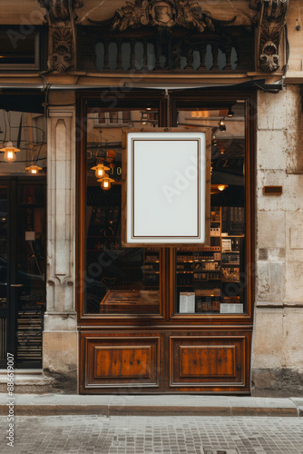 Mockup of white promotion poster or advertising displayed in showcase store of old european town