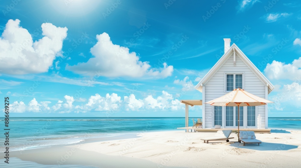 Tranquil Tropical Beach with Lounge Chair under Palm Trees Tranquil Tropical Beach with Lounge Chair under Palm Trees