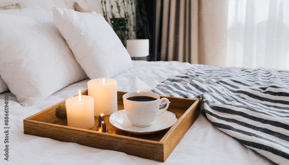 Hygge concept Coffee and candle filled wooden tray on a bed accompanied by white bedding striped blanket and pillow serving breakfast Hygge concept Coffee and candle filled wooden tray on a bed accompanied by white bedding striped blanket and pillow serving breakfast