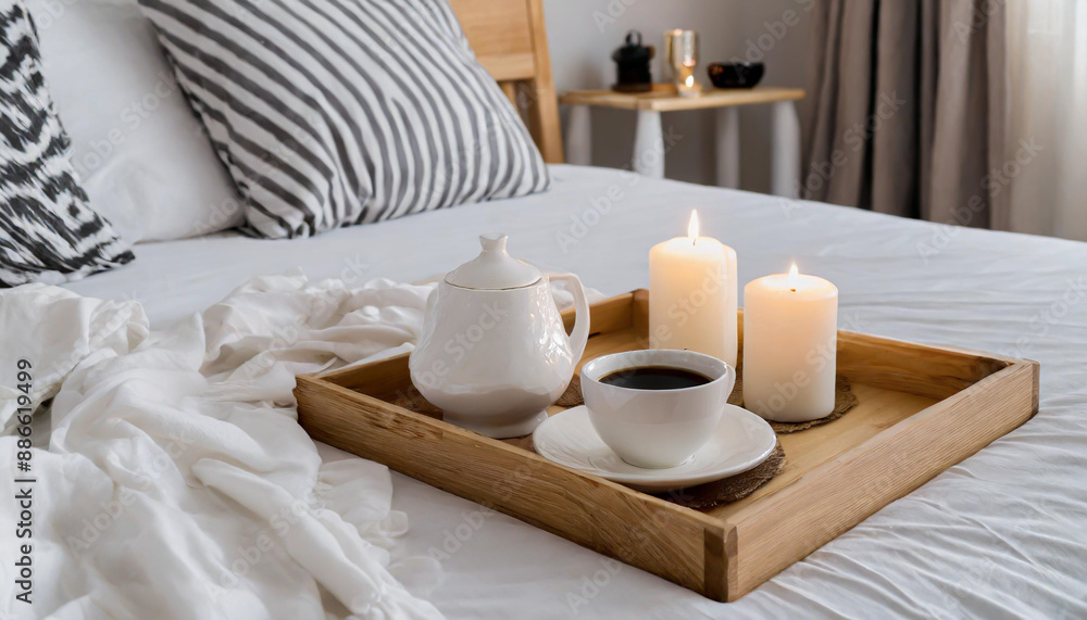 Hygge concept Coffee and candle filled wooden tray on a bed accompanied by white bedding striped blanket and pillow serving breakfast Hygge concept Coffee and candle filled wooden tray on a bed accompanied by white bedding striped blanket and pillow serving breakfast