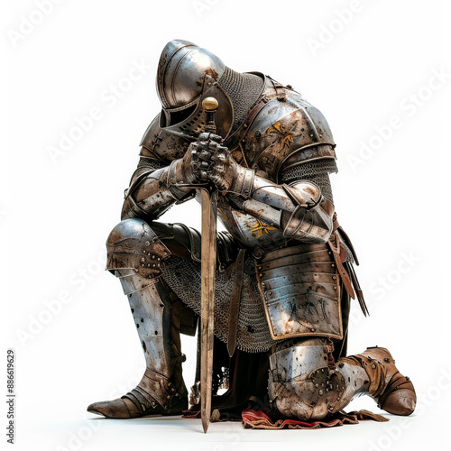 A knight in gleaming armor, kneeling with a sword planted in the ground, paying homage, isolated on white background.