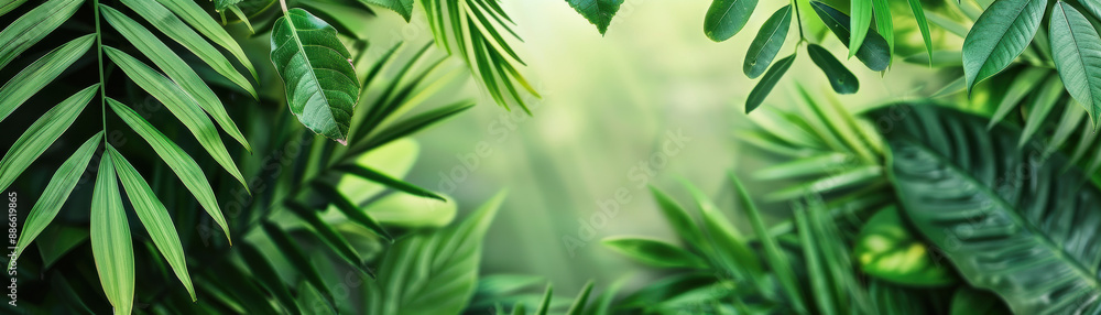 Obraz premium Lush green tropical leaves, beautifully arranged with bright light filtering through. Perfect for nature-themed backgrounds and serene settings.