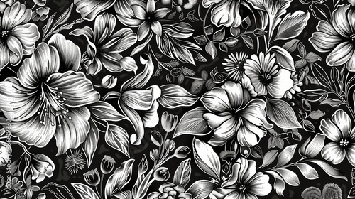 Wallpaper Mural Seamless pattern featuring detailed illustrations of various flowers blooming on a dark background Torontodigital.ca