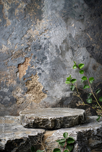 Rough granite stone podium for product presentation on a rugged, earthy background with a natural aesthetic