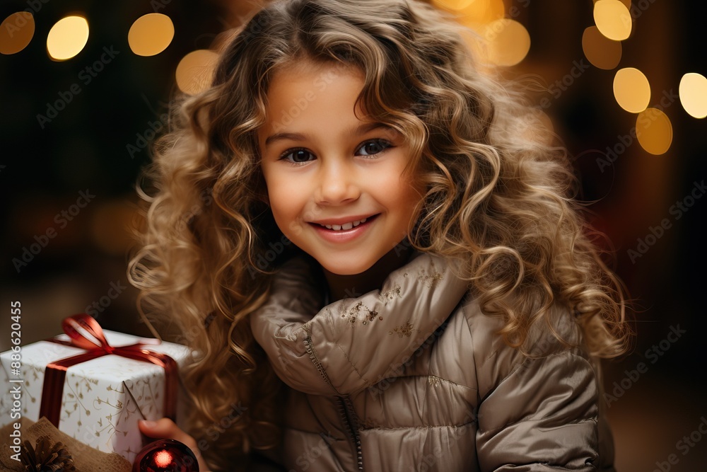 Portrait of a little girl holding a Christmas gift in her hands. Portrait of a little girl holding a Christmas gift in her hands.