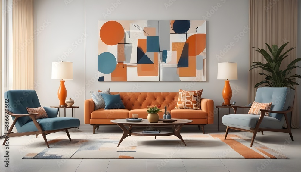 Fototapeta premium Sunny mid-century style interior living room design with abstract art in the background. Generative AI