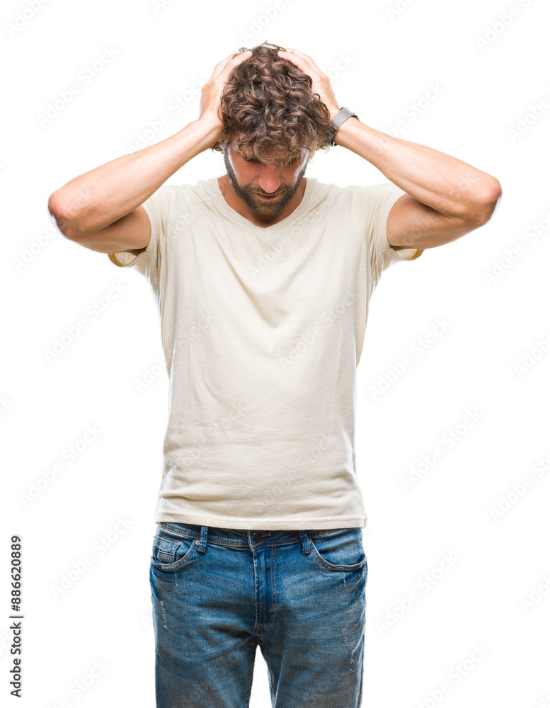 Fototapeta premium Handsome hispanic model man over isolated background suffering from headache desperate and stressed because pain and migraine. Hands on head.
