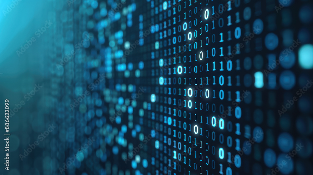 Close-up of binary code on screen. Concept of digital technology, programming, data analysis, cybersecurity, and coding. Blue color scheme. Close-up of binary code on screen. Concept of digital technology, programming, data analysis, cybersecurity, and coding. Blue color scheme.