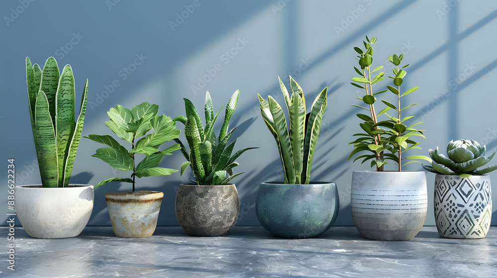 Fototapeta premium Row of assorted potted plants, featuring palm tree, fern, and cactus, set against white wall