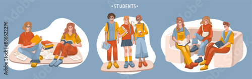 Group of Students. Higher education in college, university, or secondary school. Campus life scenes. Vector.