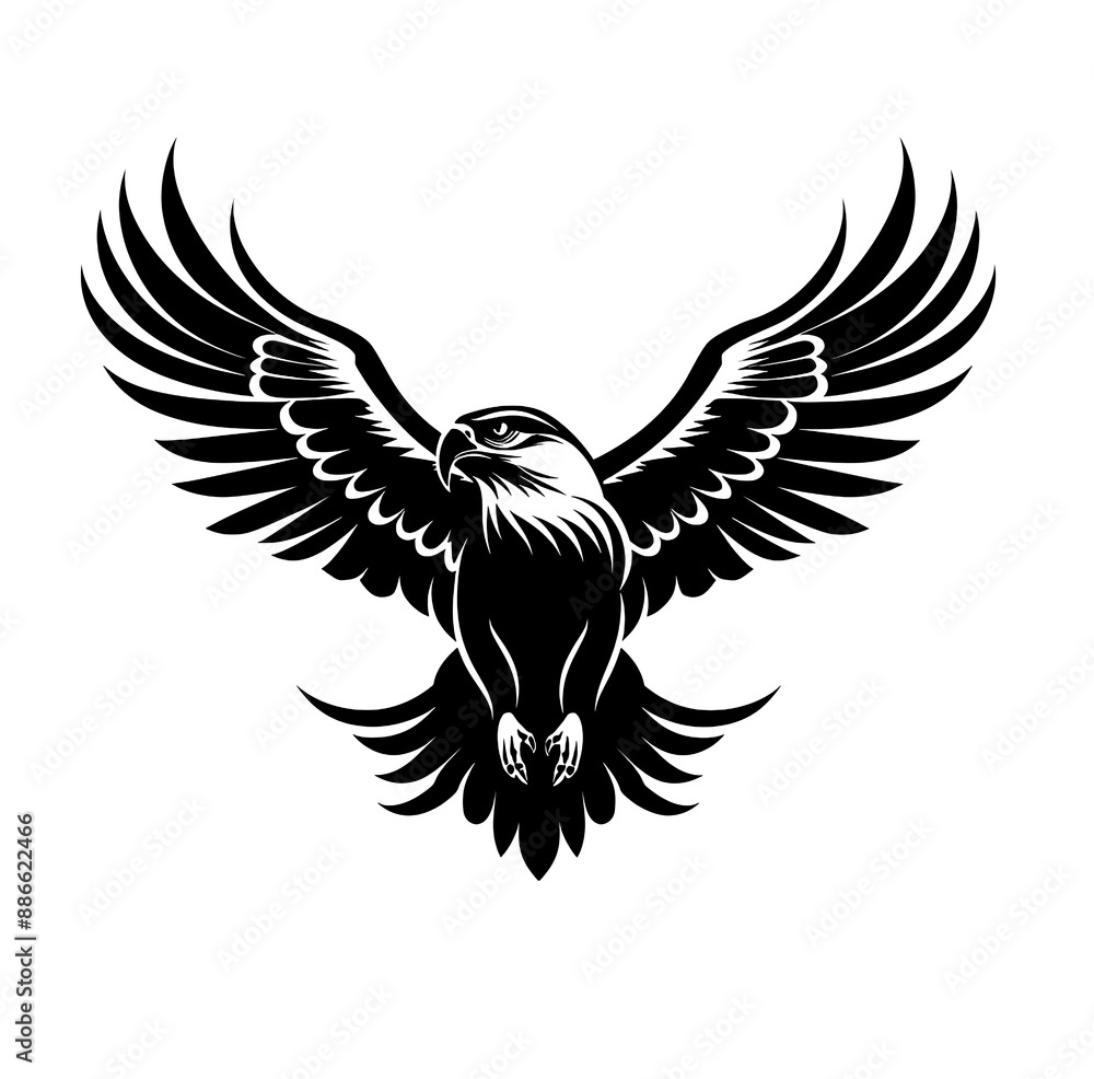 Fototapeta premium Flying eagle, black and white, modern, simple, for logo design, white background.
