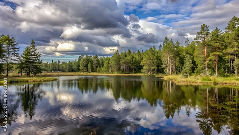 Teich in einem sommerlichen Fichtenwald bewölkter Himmel Teich in einem sommerlichen Fichtenwald bewölkter Himmel