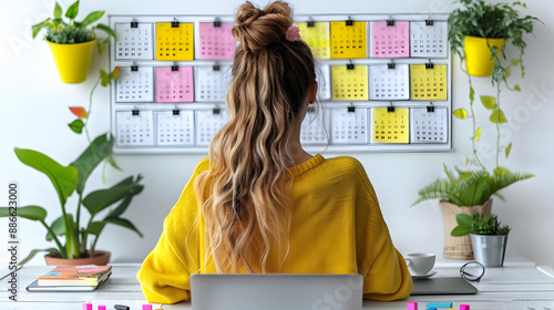 digital businesswoman organizing calendar appointments and meetings on laptop isolated on white background, simple style, png photo