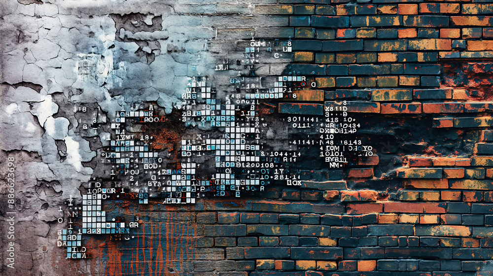 Close-Up of a Weathered Brick Wall with Digital Noise and Fragmented Code Texture Close-Up of a Weathered Brick Wall with Digital Noise and Fragmented Code Texture
