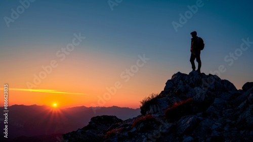 A hiker stands on a rocky mountain summit at sunset, overlooking a vast range of mountains under a colorful sky With copy space for text.