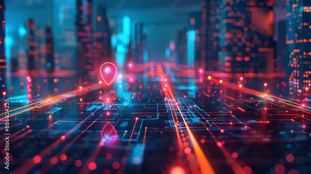Neon Route Map with Glowing GPS Markers and Pathways Neon Route Map with Glowing GPS Markers and Pathways