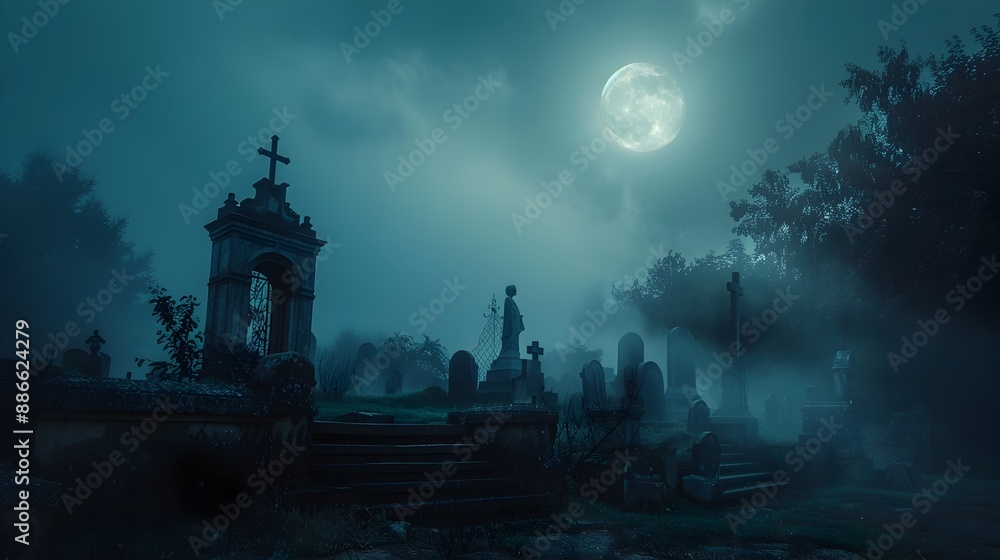 Fototapeta premium Eerie Graveyard Shrouded in Fog and Moonlight,Haunting Supernatural Landscape
