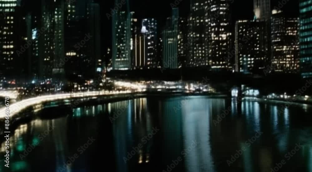 Urban skyline at night with colorful city lights reflecting on a river. Urban skyline at night with colorful city lights reflecting on a river.
