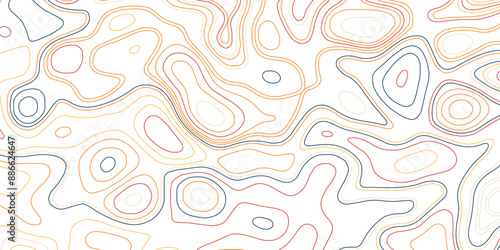 Concept of colorful conditional geography scheme and the contour line map vector illustration. Topographic map in contour lines on isolated white background.